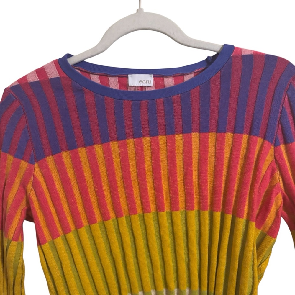 Ecru Colorblock Multicolor Rib Crew Neck Sweater Medium - Picture 5 of 10